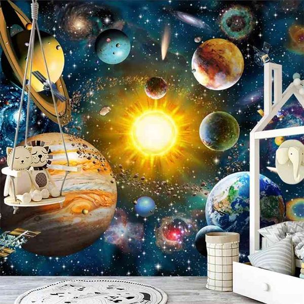 Personalizado 3d PO papel de parede crianças quarto moderno mão pintado desenho animado universo star sky planeta crianças quarto mural fundo parede 210722