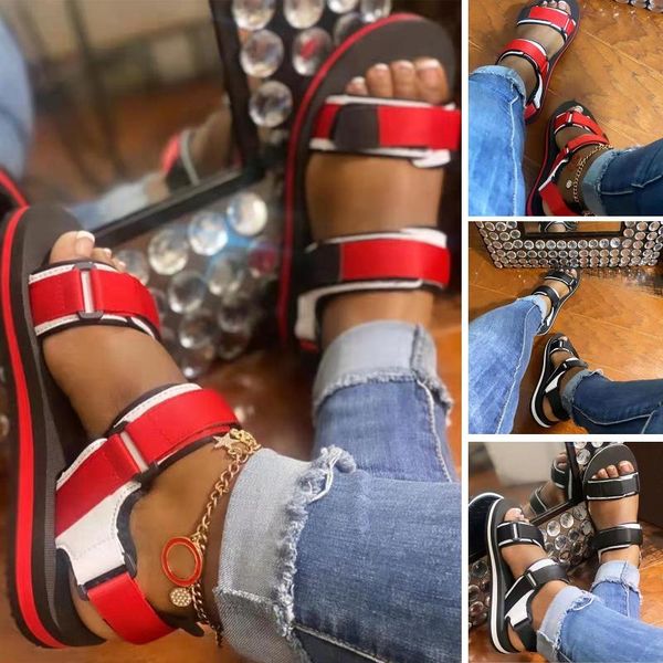 

sandals womens ladies platform thick sole flat mixed color casual peep toe shoes summer beach plus size, Black