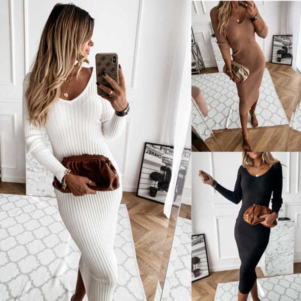 

autumn / winter solid color v-neck long sleeve tight mid length dress, Black;pink