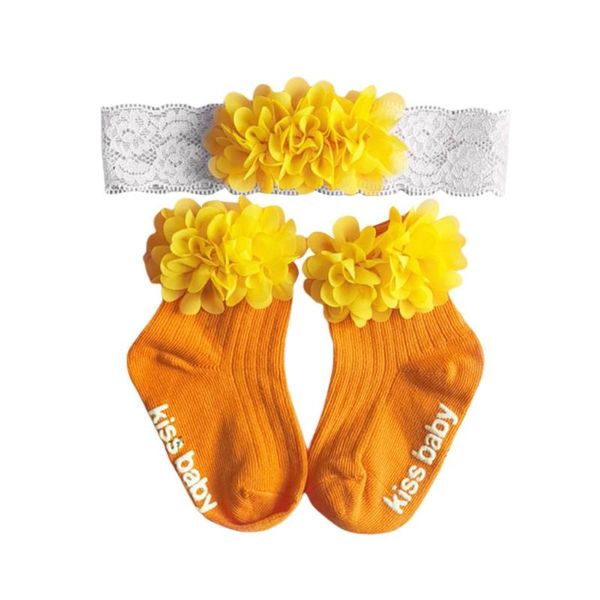 

socks baby girl headband set chiffon flower born solid elastic hair bands accessories 3pcs/set, Pink;yellow