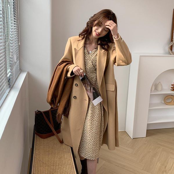 

korean version pure color double faced denim wool coat women's new style in autumn and winter 2021, Black