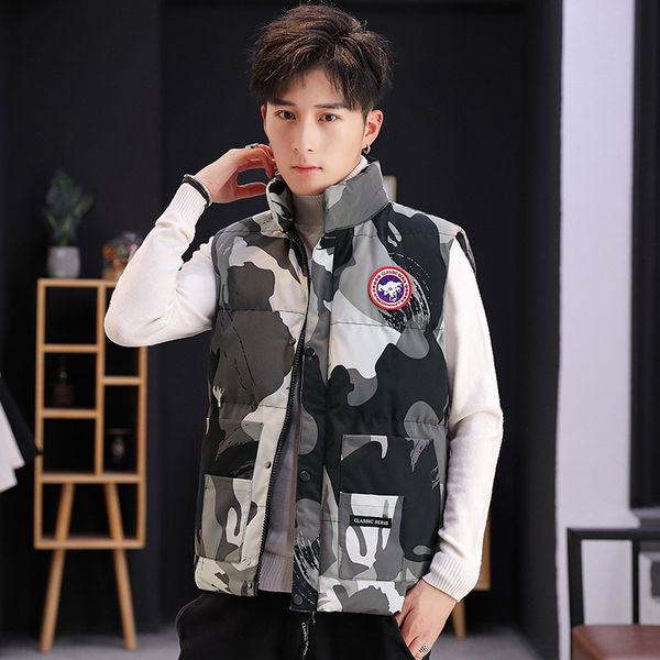

men's winter down cotton camouflage youth korean vest trend warm leisure student fashion coat, Black;white