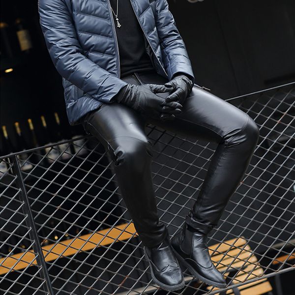 

2021 new spring mens business slim sheepkin fit stretchy black faux male elastic tight trousers leather shiny pencil pants u9yq