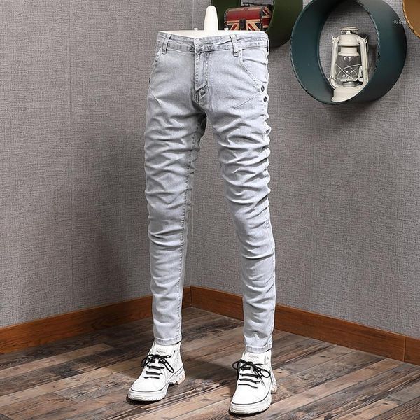 

men's jeans korean style fashion men retro gray white slim fit elastic designer ripped streetwear casual denim pencil pants, Blue