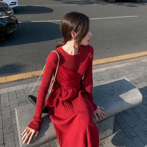 

2021 new woman knitted or crocheted red autumn inner winter wear lace-up controlled waist long line plied nightgown of lady in office zu12, Black;gray