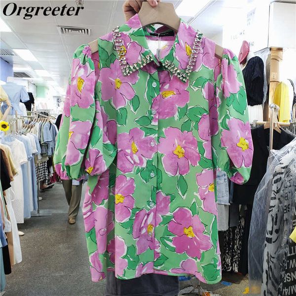 

exquisite lapel shirt women summer multi-button flower print loose fashion puff sleeve blouse blusas 210525, White