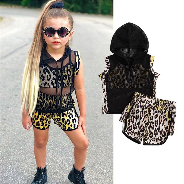 

clothing sets 2-7years girls summer fashion kids sleeveless hooded mesh +leopard vest+shorts pants casual tracksuits, White