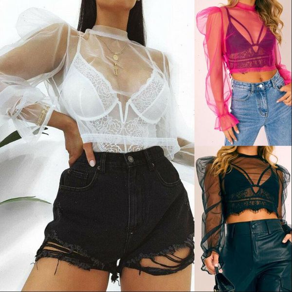

women mesh sheer blouses summer see through cropped ladies transparent long sleeve blouse casual shirt cover up, White