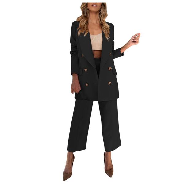 

women's two piece pants solid color double-breasted suit cutout collar jacket casual straight pant suits for women office wear, White