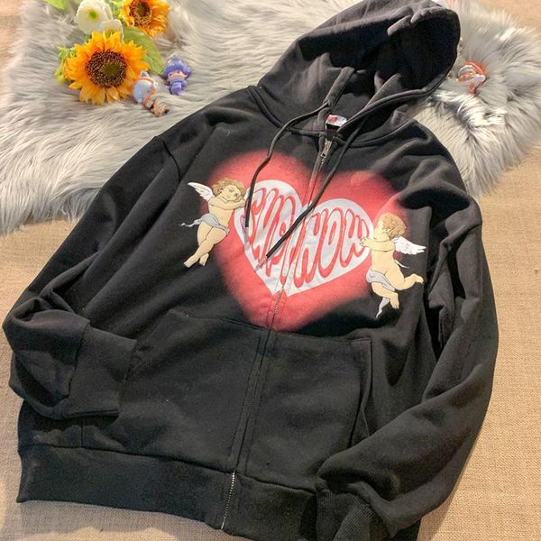 

women's hoodies & sweatshirts fried street harajuku streetwear hoodie jacket cupid angel heart print full zip hooded sweatshirt hip hop, Black