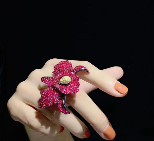 

cluster rings cocktail ring big orchid flower 925 sterling silver with cubic zircon fine women jewelry luxury adjustable size 45*52mm, Golden;silver
