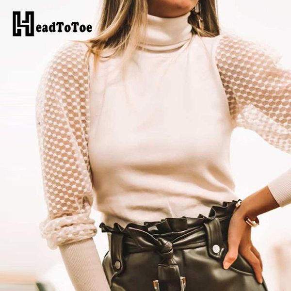 

high neck long sleeve lace insert blouse women autumn brief casual blouse, White