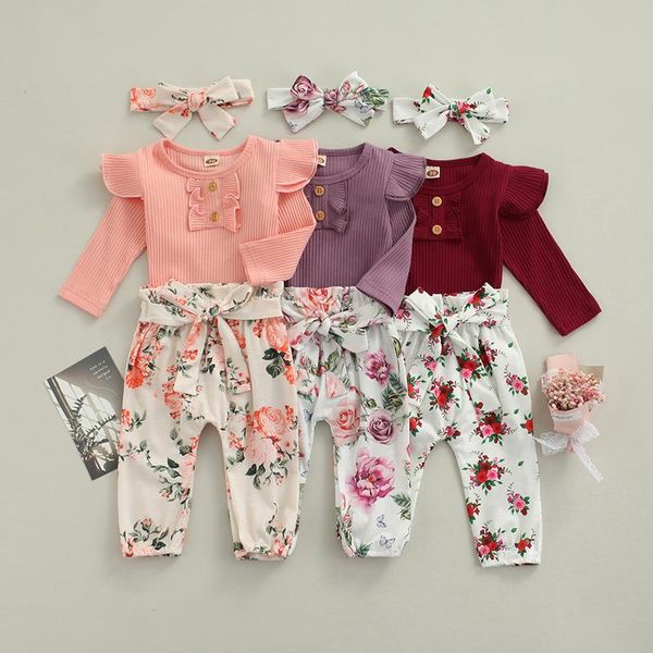 

clothing sets 0-24m baby girl 3 pcs born casual outfits ribbed sleeve round neck playsuit flower print bow trousers headband, White