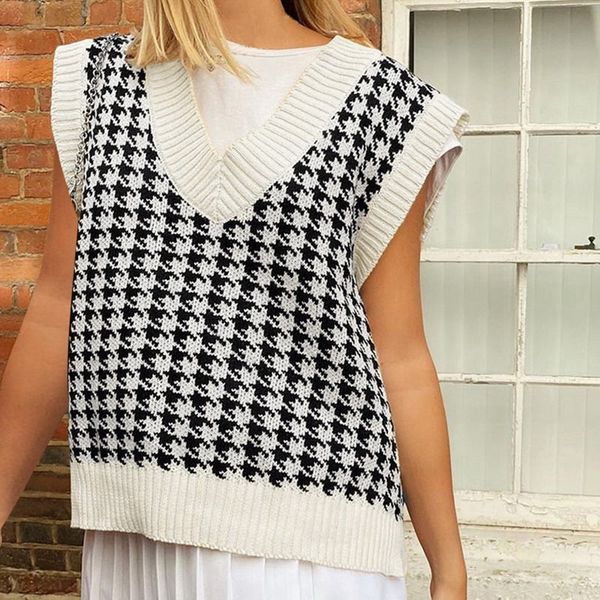 

houndstooth knit oversized sweater vest female england preppy style y2k jumpers v neck casual loose 90s knitwear autumn, White;black