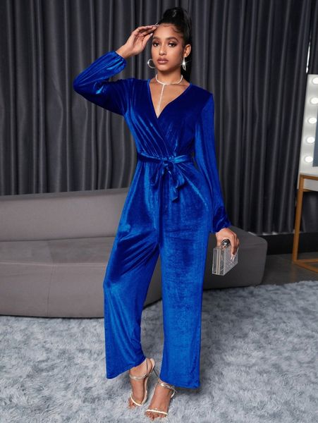 

sxy surplice neck lantern sleeve belted velvet jumpsuit x2qc#, White