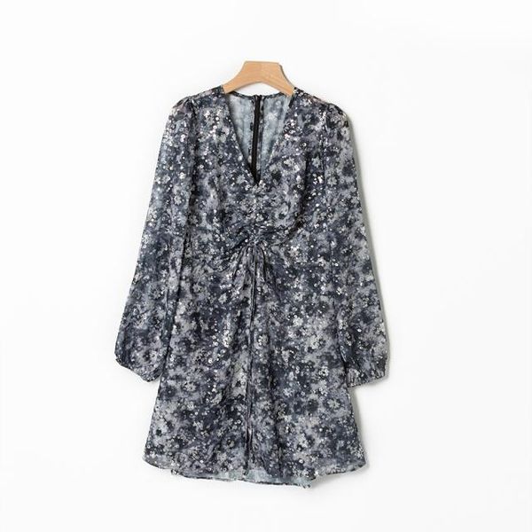 

casual dresses women pleated drawstring dress daisy floral long sleeve v-neck spring summer 2021 ladies mini, Black;gray
