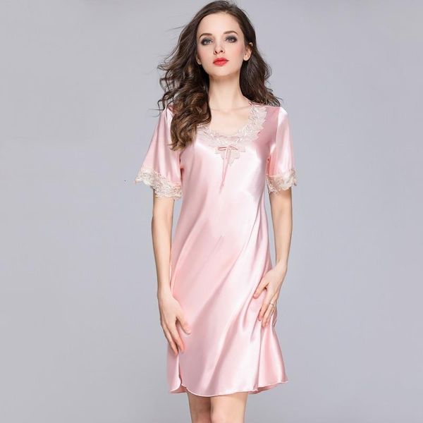 

new arrival women satin sleepwear ice silk nightgown short sleeve nightdress v-neck lingerie home clothes, Black;red