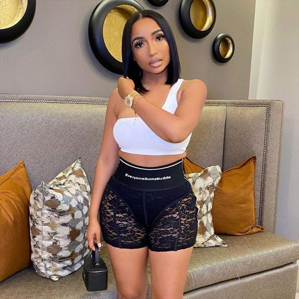 

lace patchwork corset letter women shorts printed leggings with zipper see through short pants trousers summer clothes, White;black