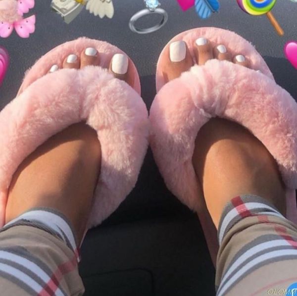 

winter women house fuzzy slippers faux fur fashion warm shoes woman slip on flats female furry slides black pink cozy home