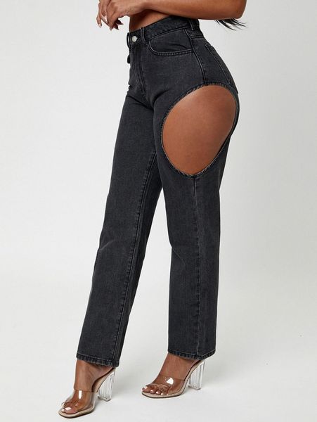 

sxy high waisted cutout detail jeans r631#, Blue