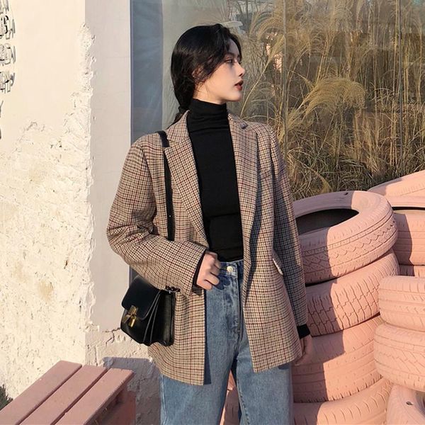 

women's suits & blazers autumn winter thick women plaid blazer vintage one button full sleeve female jacket coat office ladies outwear, White;black