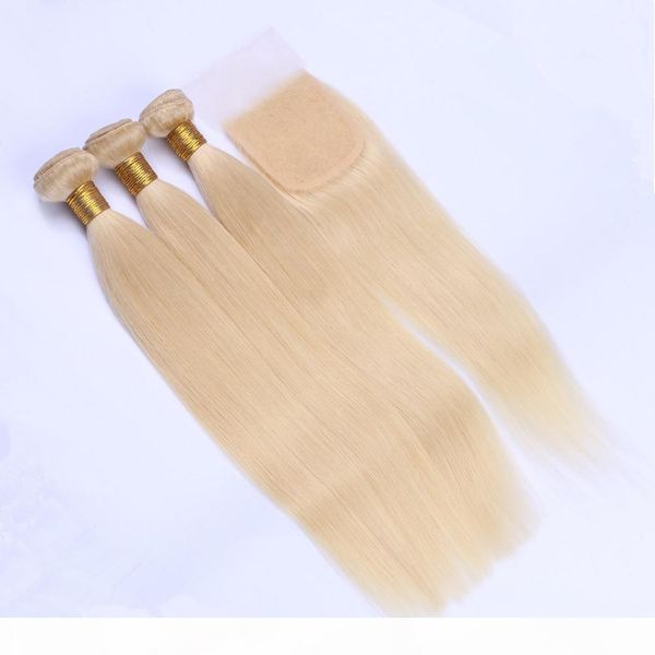

#613 blonde virgin peruvian human hair silky straight weaves with closure 3bundles blonde hair bundles deals with 4x4 lace front closure, Black