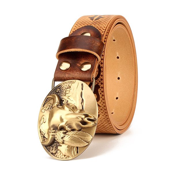 

2021 new men's ethnic style cow pure genuine leather copper pattern belt retro men smooth buckle belts ozew, Black;brown