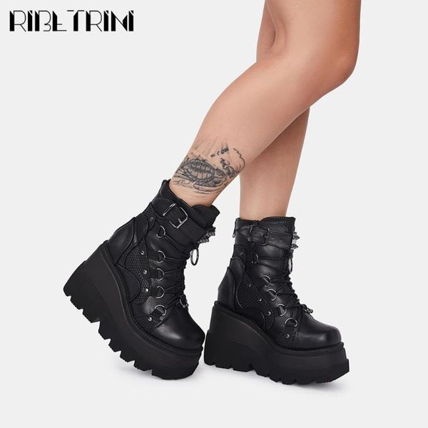 

boots ribetrini 2021 punk platform wedges goth women motorcycle ankle black cool buckle rivet fashion ladies autumn shoes