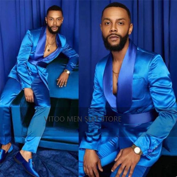 Ternos masculinos blazers 2 peça de seda cetim casamento smoking banquet vestidos montados moda azul negócios apontou colarinho calças de jaqueta customizabl