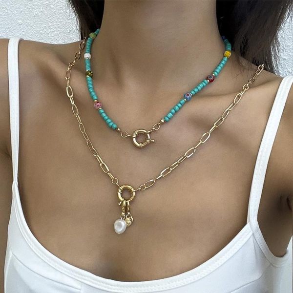 

chokers cosysail 2pcs/set glass seed bead choker necklace for female pearl pendant metal chain set party statement jewelry gift, Golden;silver
