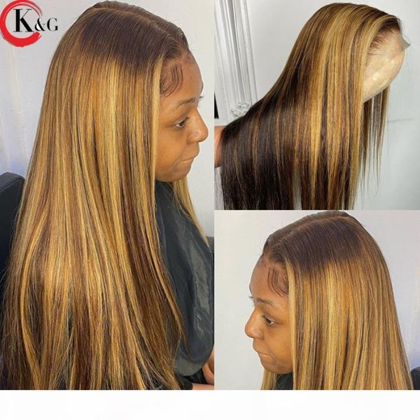 

kungang highlight t-part lace front human hair straight 150% density lace wigs with baby hair ratio non-remy, Black;brown