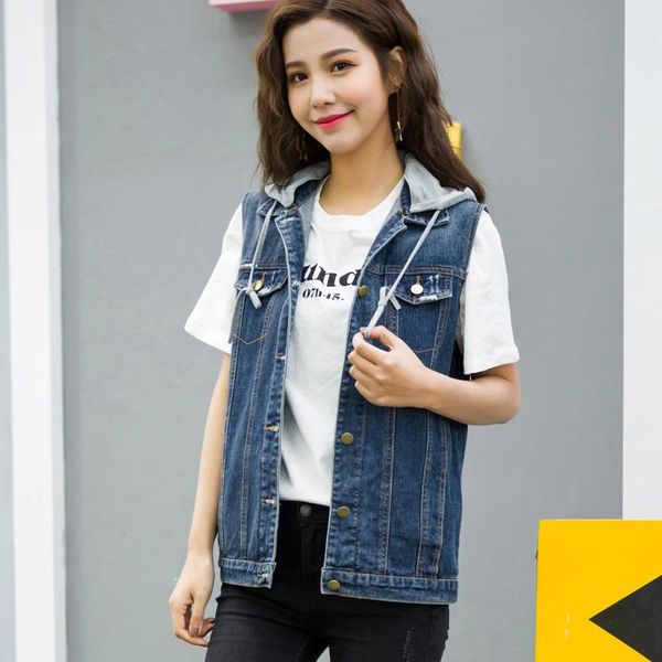 

plus size 4xl 2021 spring autumn women denim casual vest fashion hole denim vests jeans jacket sleeveless hooded cardigans coat, Black;white