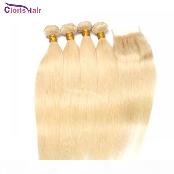 

bleach blonde hair bundles closure raw virgin indian silk straight human hair weaves with lace closure blond 613 weft with closure, Black;brown