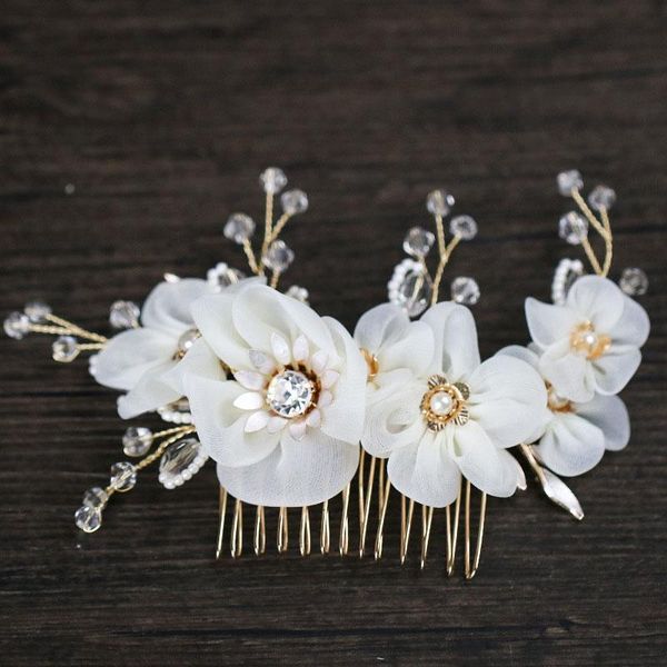 

hair clips & barrettes white silk yarn flower with small crystal bead hairwear haircomb bridal girl ornament for prom daily wear, Golden;silver