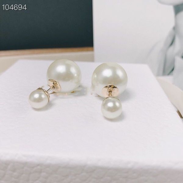 

vintage classic designer copper double big and small white pearl stud earrings for women jewelry, Golden