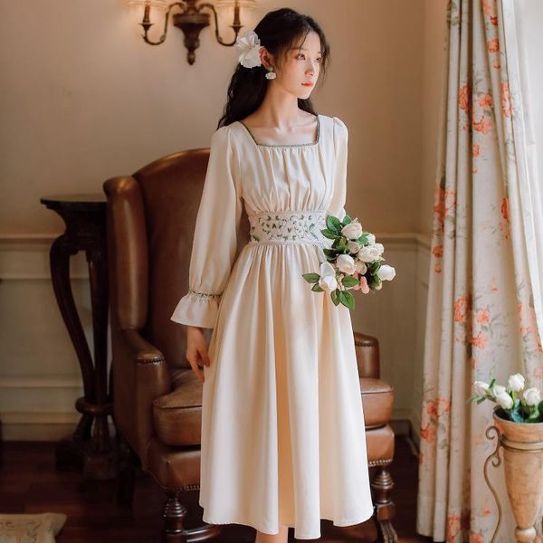 

casual dresses preppy style 2021 women spring fall long sleeve square collar retro embroidery female kawaii cute fairy, Black;gray