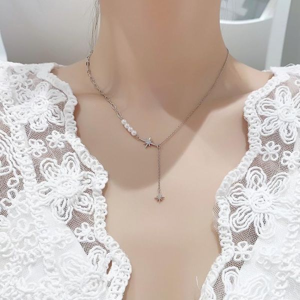 

pendant necklaces origin summer unique design star pearl asymmetric necklace for women exquisite rhinestone party jewelry, Silver