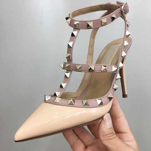 

dress shoes 2021 rivet pointed high heels classic leather strap stiletto shallow mouth toe sandals v women wedding, Black
