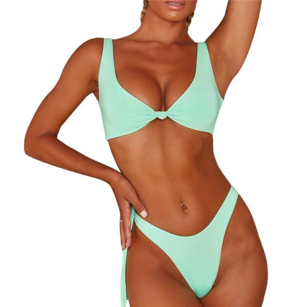

one-piece suits knot tying two piece swimwear women's solid color bikini sets v-neck tank briefs bandage swimsuits summer