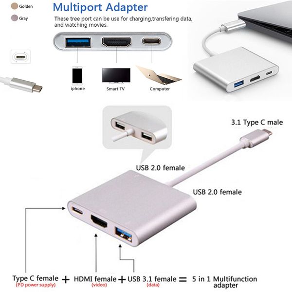 

usb 3.1 type-c to hdmi usb-c digital multiport adapter 4k female 2 port usb 3.0 hub & usb-c otg charger for macbook