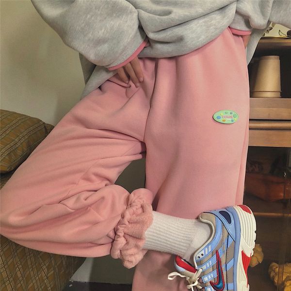 

2021 new pink veet thick joggers for women winter sweatpants elastic beam feet pant baggy high waist pants casual trousers teens girls vy9x, Black;white
