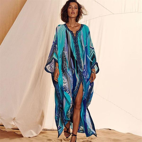 

women's swimwear boho bikini cover ups women oversize printing split kaftan tunics for beach lace up maxi dress swim wear, White;black