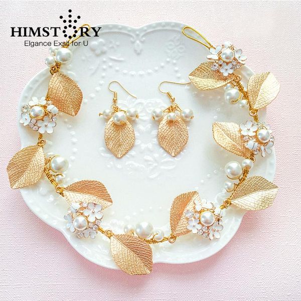

hair clips & barrettes himstory fashion handmade olive leaf white pearl flower headband bridal wedding accessories hairband hairwear, Golden;silver