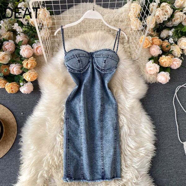 DEAT Sommer Ankünfte Sexy Ärmelloses Trägerloses Blau Hohe Taille Kurzes Mini Denim Kleid Frauen MI844 210709