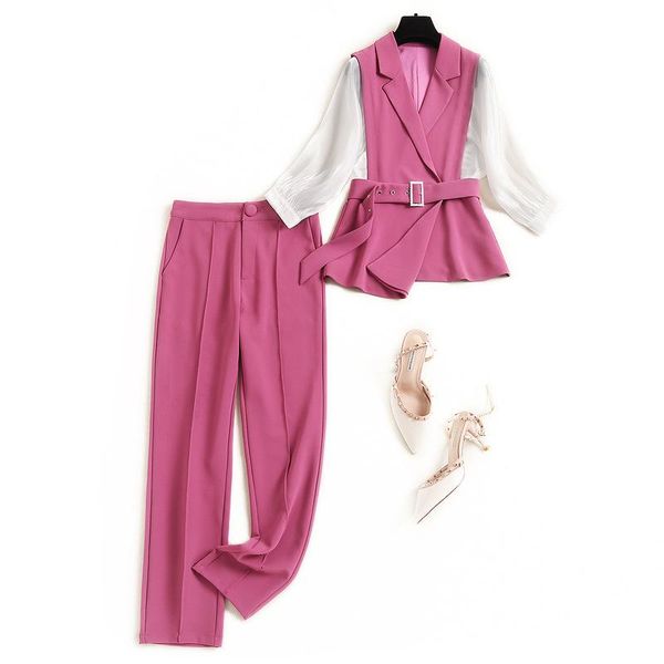 

european suit 2 piece set women 2021 early autumn new stitching suit pencil pants tw two piece set with belt 15265, White
