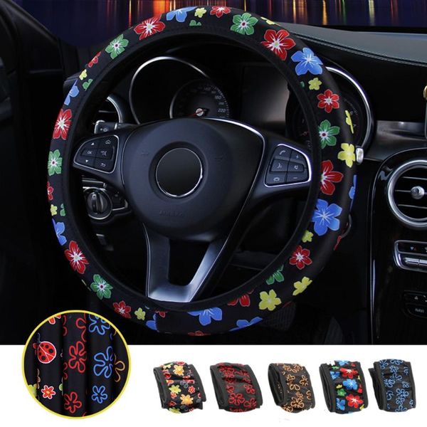 

steering wheel covers elastic flowers print car styling universal interior accessories anti-slip