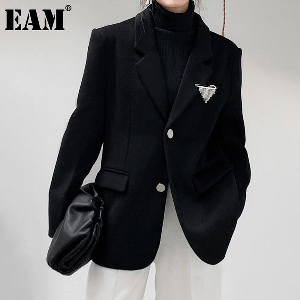 

[eam] women big size black woolen blazer new lapel long sleeve loose fit jacket fashion tide autumn winter 2021 1dd2911, White;black