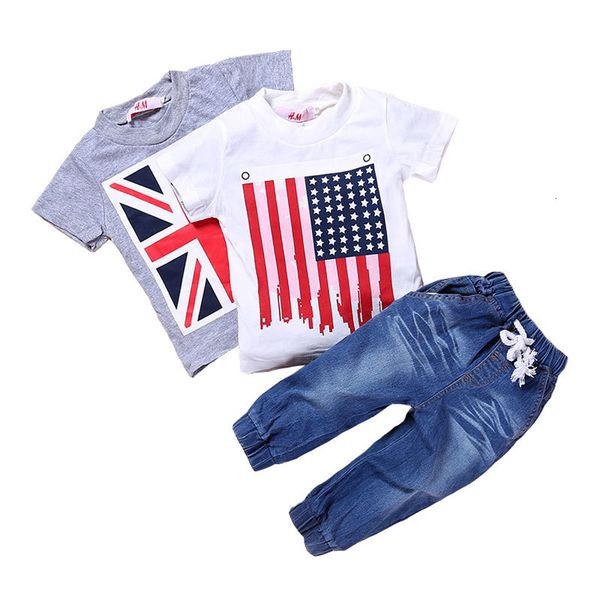 

2021 new clothing 3 sets summer kids boys clothes outfit 2 pcs cotton short sleeve and jeans children costume 2-7 year d6k8, White