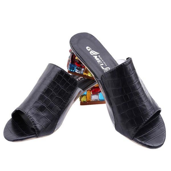 

women fashion summer crystal sandals rhinestone heels open toe shoes woman colorful ladies beach flip flops slides, Black