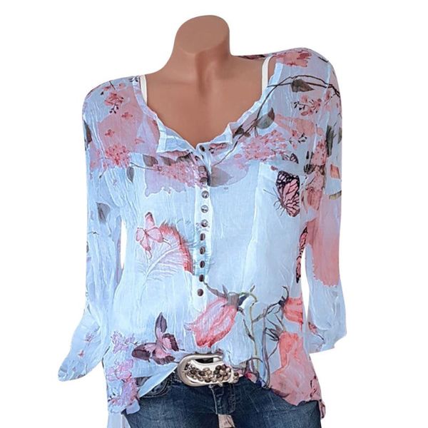 

2021 women fashion casual long sleeve shirts floral printed button v neck chiffon irregular hem blouse, White